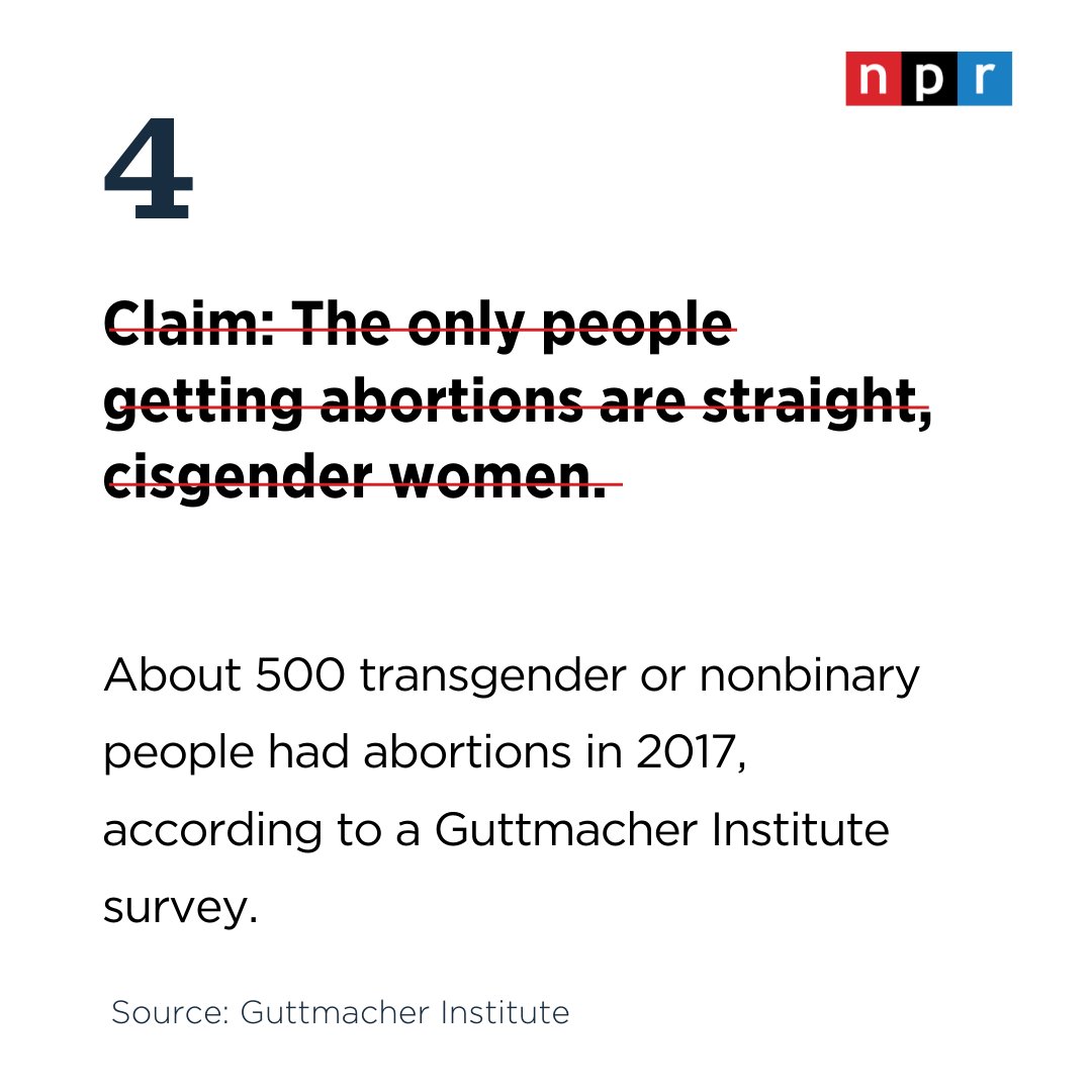 NPR's tweet photo. Trans and nonbinary people have undergone abortions as well.

The Guttmacher Institute estimates in 2017, an estimated 462 to 530 transgender or nonbinary individuals in the U.S. had abortions. https://t.co/p1hHAKyHuz