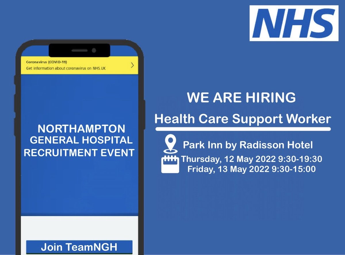 Are you interested in exploring a career in the NHS and finding out more about becoming a healthcare support worker? We are running a recruitment event in Northampton on Thursday 12th and Friday 13th April. Feel free to share to your friends and families. 😊
