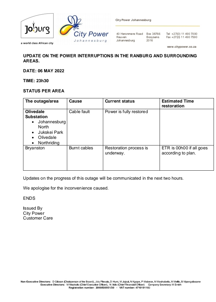 CityPowerJhb's tweet photo. #Update
#RanburgOutages

Power is fully restored to customers who were affected by #Olivedale Substation.

#Bryanston restoration process is underway ^HN https://t.co/XT4qaRGCke