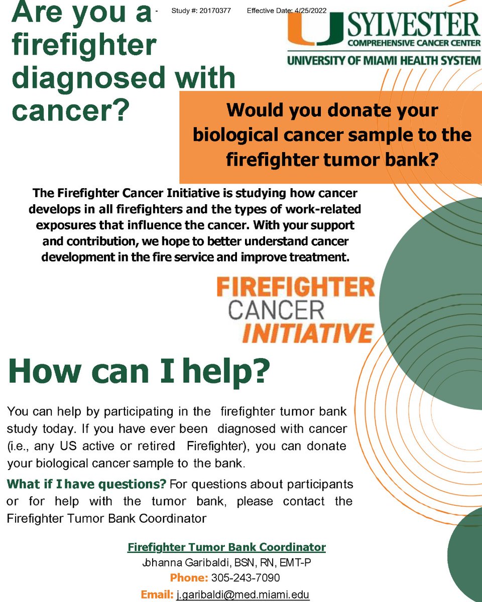 fcifightscancer's tweet photo. We need 4 recruits for the tumor bank study. If you're a firefighter with cancer, consider donating your cancer sample to the cause. With this donation, we hope to better understand cancer development in the fire service and improve treatment. 

📧: j.garibaldi@med.miami.edu https://t.co/j0VwlwkR7C