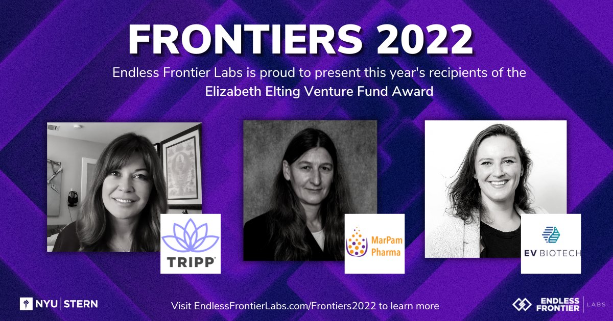 Today, we are thrilled to announce the recipients of this year’s Elizabeth Elting Venture Fund award from each of the EFL’s tracks: Life Sciences, Digital Tech, and Deep Tech. 

Congratulations to MarPam Pharma, TRIPP, and EV Biotech!
