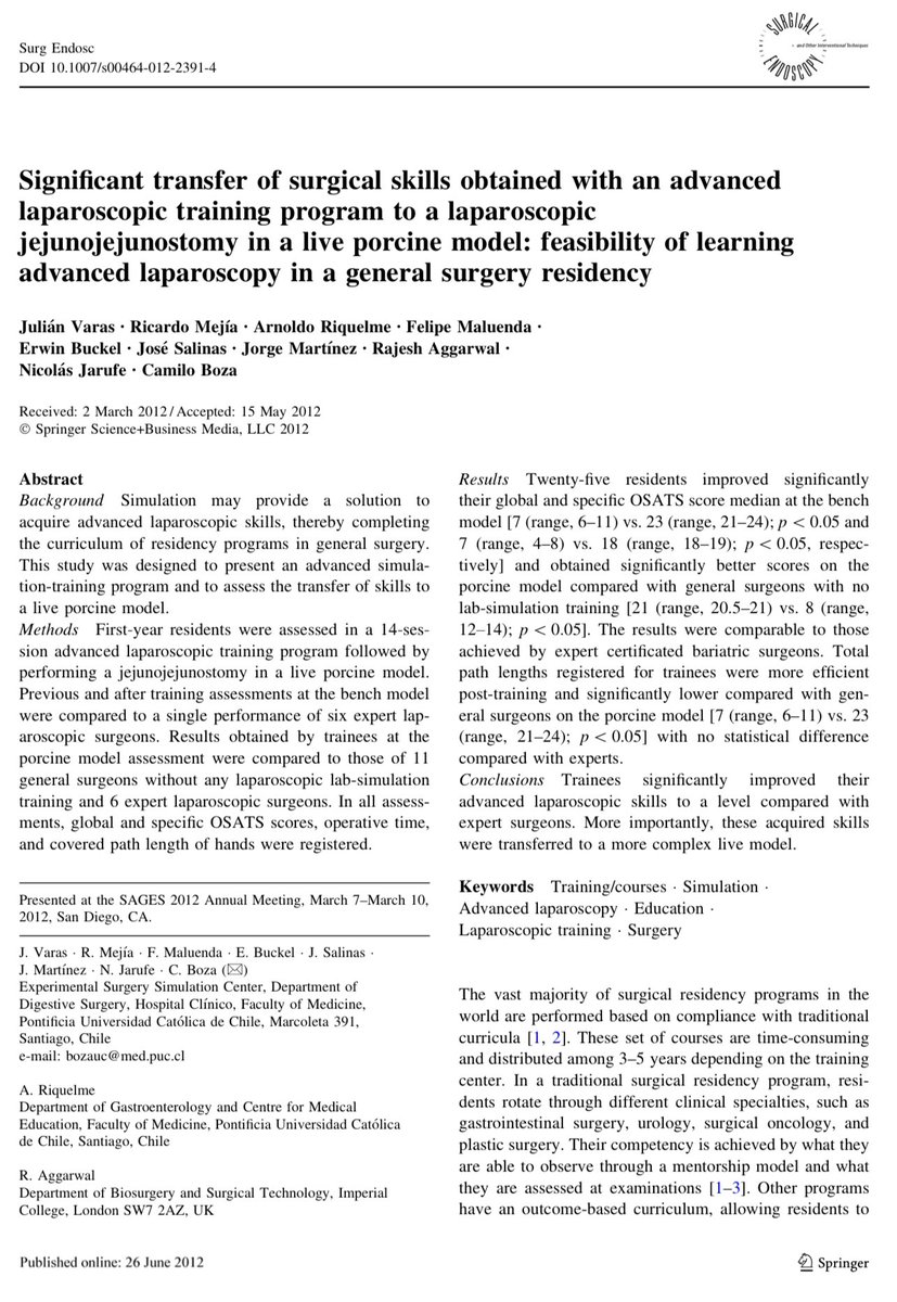 julianvarascom's tweet photo. How validated is our advanced lap sim program?  1) Back in 2012 we published a very complete experimental study: trainees were actually better than general surgeons in a porcine model after training the program @dstefanidis1 @HPB_Surgeon @GSE_JASE @Surg_Education @SAGES_Updates https://t.co/merRSVb9bm