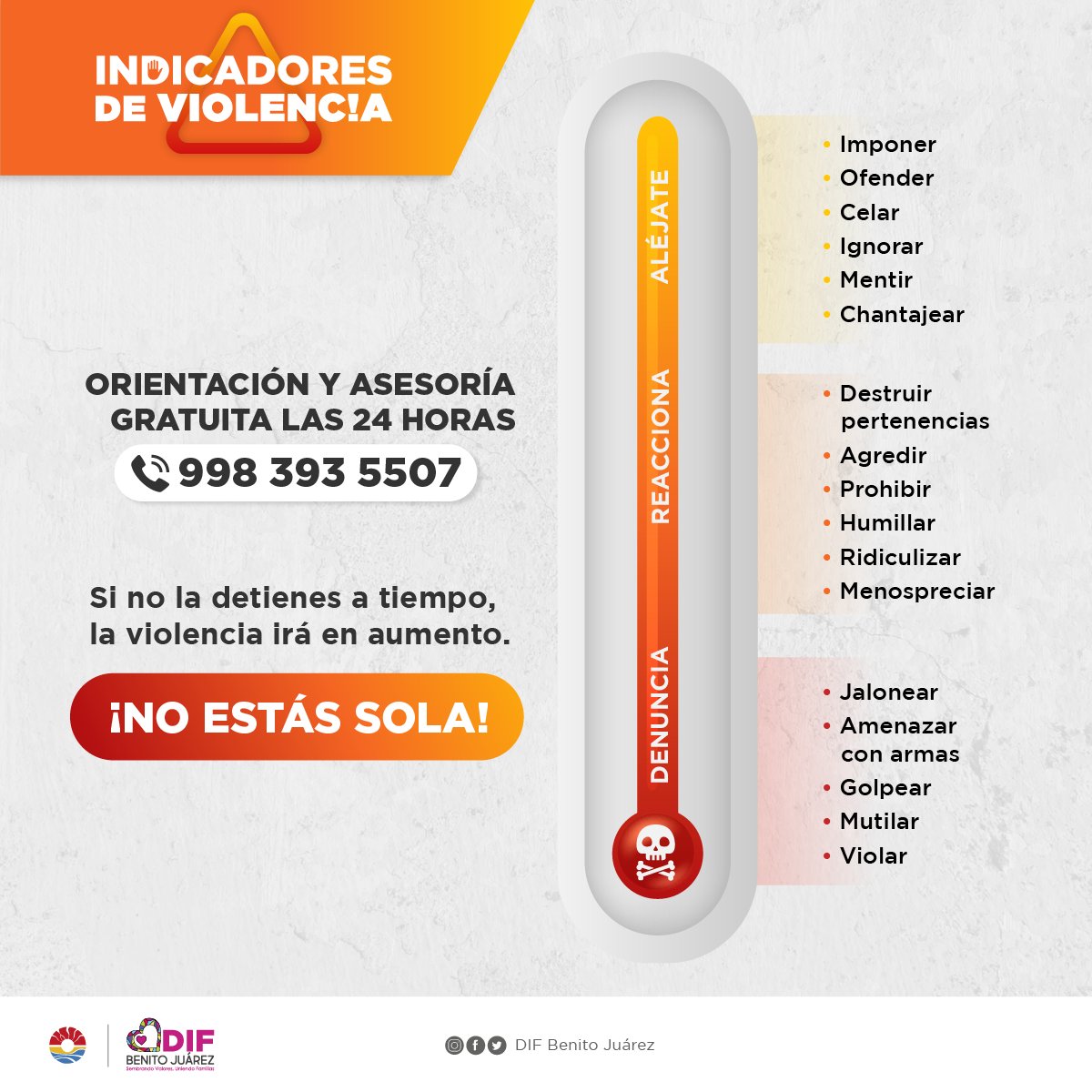 Si crees que un familiar o una amiga necesita ayuda, comparte nuestro teléfono de asesoría gratuita, disponible las 24 horas: 9983935507. 📱

En caso de emergencias, llama al 911.