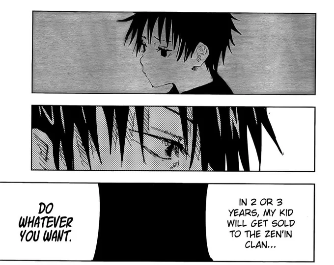 But what about Megumi?
Initially Toji was still okay with leaving him to the Zenins, but on a second thought, there's the strongest sorcerer standing before him. The Gojo heir. God, the Zenins will hate this, so he tells him about his son. Hoping for the best. 
