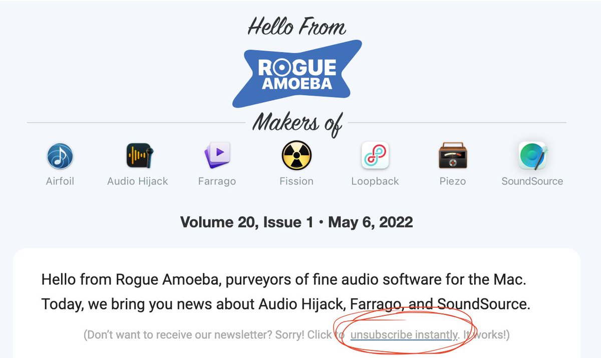 zakgreant's tweet photo. I love @RogueAmoeba's software, but there are two things I love about them even more:
#1 They donated to @PPFA via my @gated_email (when they didn't have to.)
#2 Just look at where they put the unsubscribe link in their newsletter... and there's still one at the bottom
👏👏👏 https://t.co/9njT2tYNMp