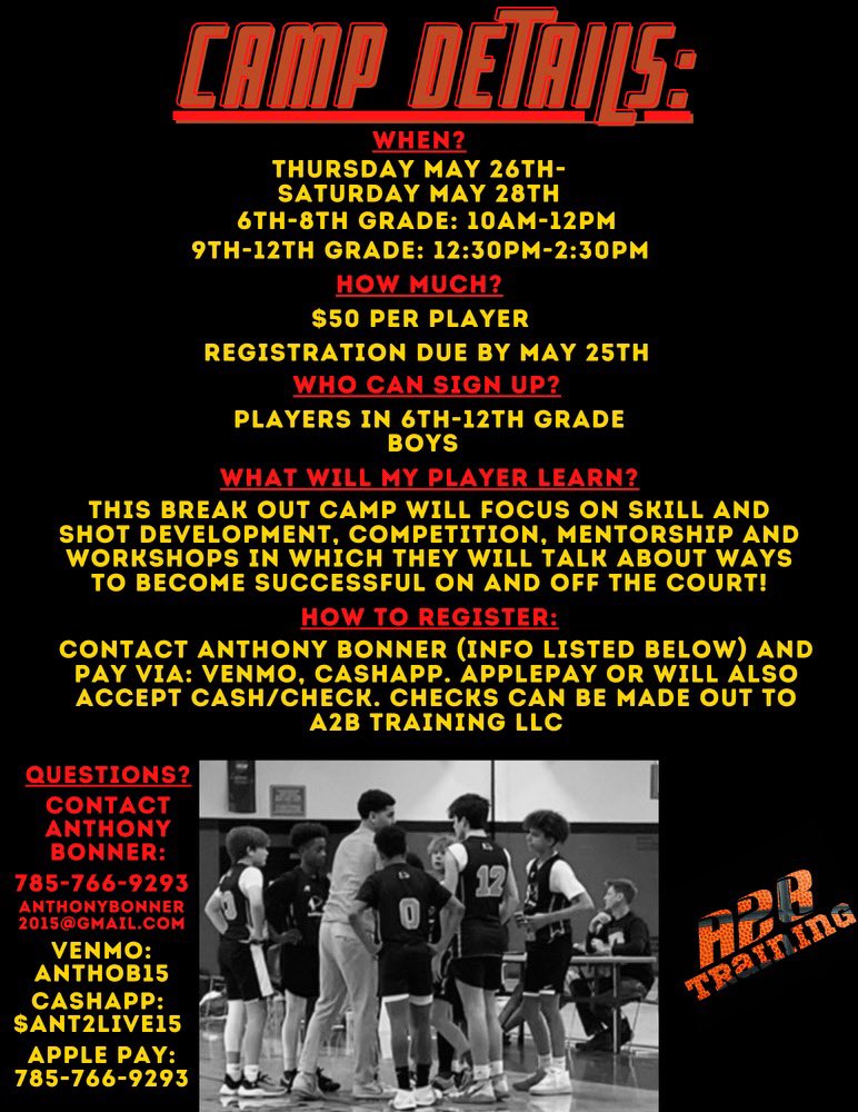 AMB2Live's tweet photo. Cant wait to host my first official Camp🏀🏀🏀Can’t make it to camp in June? NO PROBLEM‼️ May 26th - 28th at Hillcrest Recreation Center in Topeka, KS‼️ Start Your Summer Off With A Bang💪🏾🏀 #A2BTraining #SummerBreakOut https://t.co/nSXpNhmata