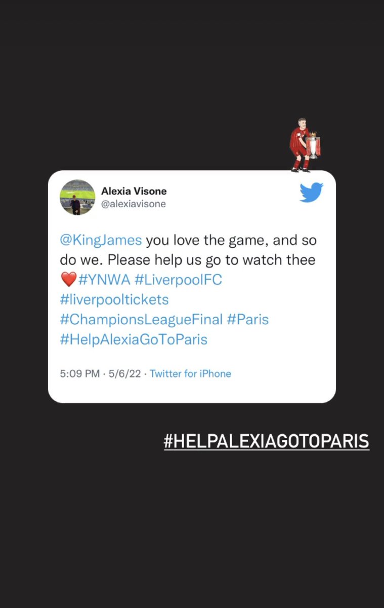 alexiavisone's tweet photo. Letβs make this viral
βοΈ β
π¨ β
just need a ticket π«
#webelieve #helpalexiagotoparis #LiverpoolFC #ChampionsLeagueFinal #Paris #YNWA https://t.co/GemgdVb4Qd
