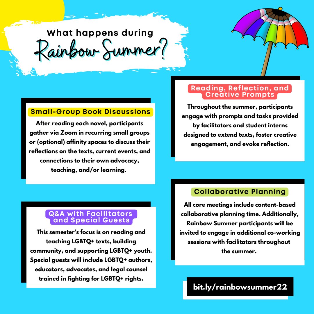 sheathescholar's tweet photo. This school year has been tough for LGBTQ+ kids (and folks who love them).

Next month, @Jess5th and I are back with #RainbowSummer where we work with educators and caregivers to explore identity and advocacy through LGBTQ+ YA. 

Registration opens Monday!
https://t.co/QnzyqSoNGs https://t.co/yjDa5nhgtd