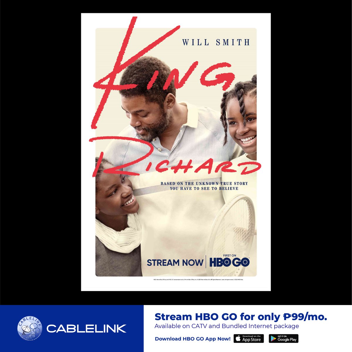 CablelinkTV's tweet photo. Based on the true story that will inspire the world. Follow Richard Williams' journey in raising. Venus and Serena Williams, two of the greatest athletes ever.
Stream #KingRichard on HBO GO through #Cablelink for only Php99.00/mo. https://t.co/97V8arCise