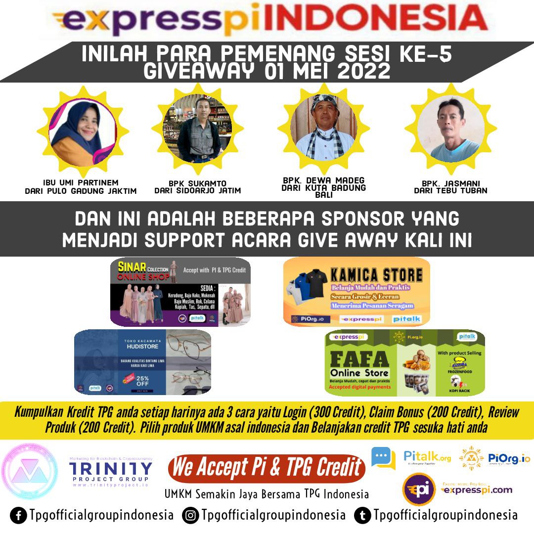 Rega20211's tweet photo. Alhamdulillaah..

Selamat kepada pemenang #GiveAway sesi-5 yg lalu

Semoga persembahan dari para sponsor (Vendor #Expresspi Indonesia) bisa bermanfaat bagi semuanya

Serta kehadiran #TPG bisa memberikan manfaat bagi #PionerIndonesia

#TrinityProjectGroup
#PiTalk
#Piorg
#UMKM https://t.co/weY0zTSx3R