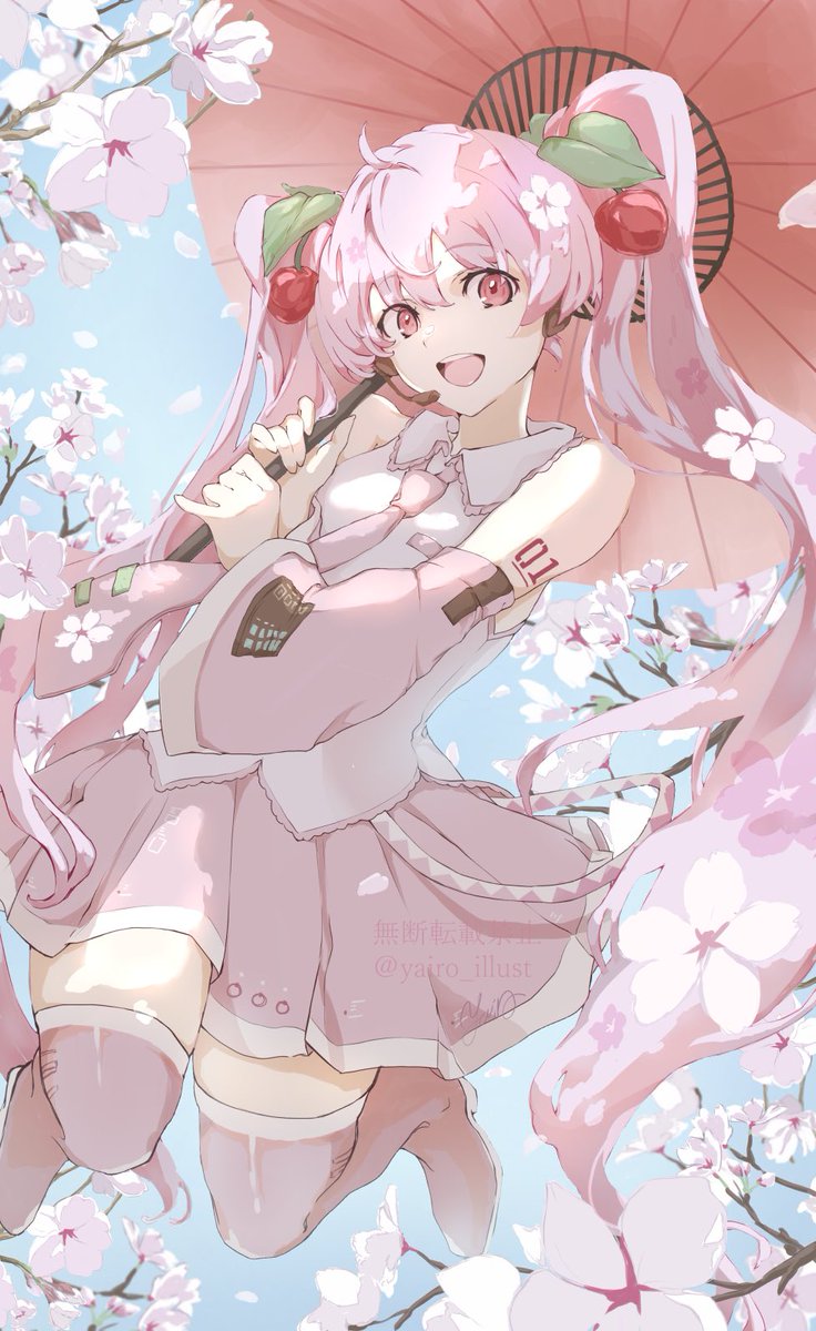 hatsune miku ,sakura miku 1girl umbrella food-themed hair ornament cherry blossoms shirt skirt solo  illustration images