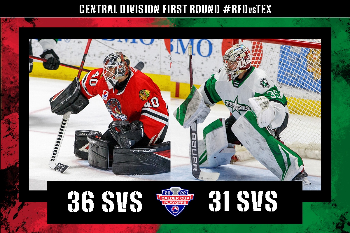 TheAHL's tweet photo. A look at Arvid Soderblom (@goicehogs) and Matt Murray's (@TexasStars) saves in regulation as #RFDvsTEX heads into OT. https://t.co/lZkEyxKdci