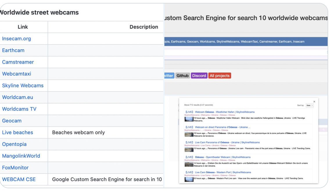 IT_news_for_all's tweet image. Today my collection of 800+ tools for #osint has a new section called &quot;Worldwide street webcams&quot;. It has 10 very similar catalogs:

github.com/cipher387/osin…

and one #GoogleCSE to search all t... t.me/s/it_news_for_…