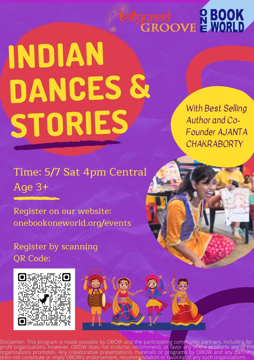 OneBookOneWorl2's tweet photo. Last call: Join our FREE online “Indian Dance &amp; Stories” workshop this Sat at 4pm (CT). Thanks to @culturegroovekids for collaborating with OBOW this AAPI month and sharing her stories and talents with our kids! Registration link in bio. #AAPIHM https://t.co/fvwdD5Lg0z