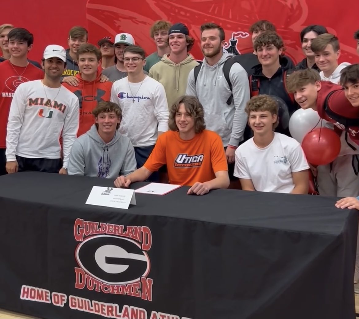 GuildBBall's tweet photo. Congratulations to our seniors on their signing day today!  Liam Teague will be attending Utica Univ to play Basketball and Nick Mahar and Cole Traudt will attend Brockport to play Baseball. Congrats Guys!!!! https://t.co/VySMGRm6NL