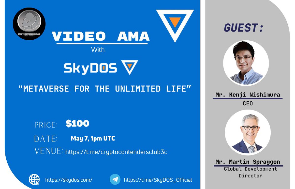 skyDOS_Official's tweet photo. 🚨We are delighted to announce our next #AMA Session With Contenders Club
 
⏱ Time: 7th May 1PM UTC

💡 Venue:👇
💥 CryptoContendersClub: https://t.co/knS87rrgos

🥂Honourable Guest:

✨Mr. Kenji Nishimura (CEO)
✨Mr. Martin Spraggon (GDD)

🎁 Rewards: $100 (BUSD) https://t.co/Nfo06k7yKe