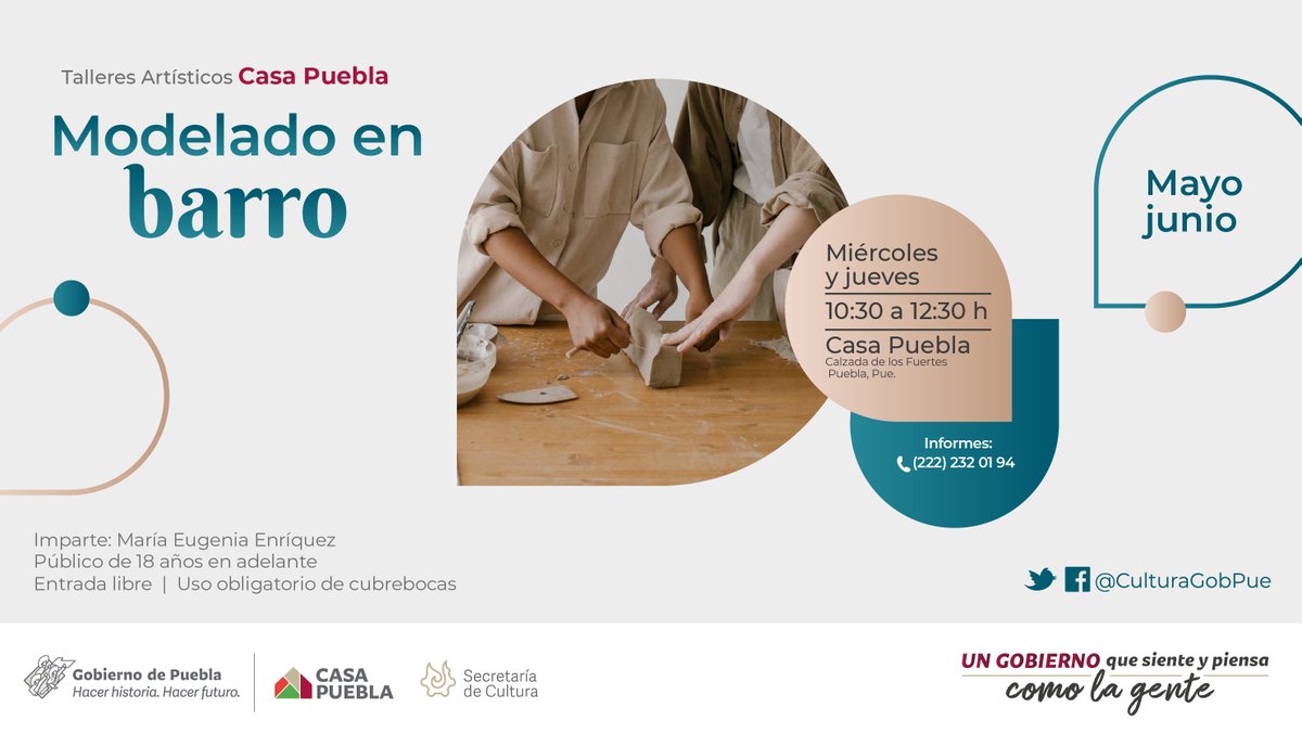 CulturaGobPue's tweet photo. ¡Hoy #CasaPuebla es de las y los poblanos!
Durante mayo y junio impartiremos el taller #ModeladoEnBarro, dirigido a mayores de 18 años. Inscríbete en el correo tallerespedroangelpalou@puebla.gob.mx
🗓️ Iniciamos la próxima semana
⭕️ Entrada libre
📞 222 232 0194 https://t.co/eiwMqyH2Di