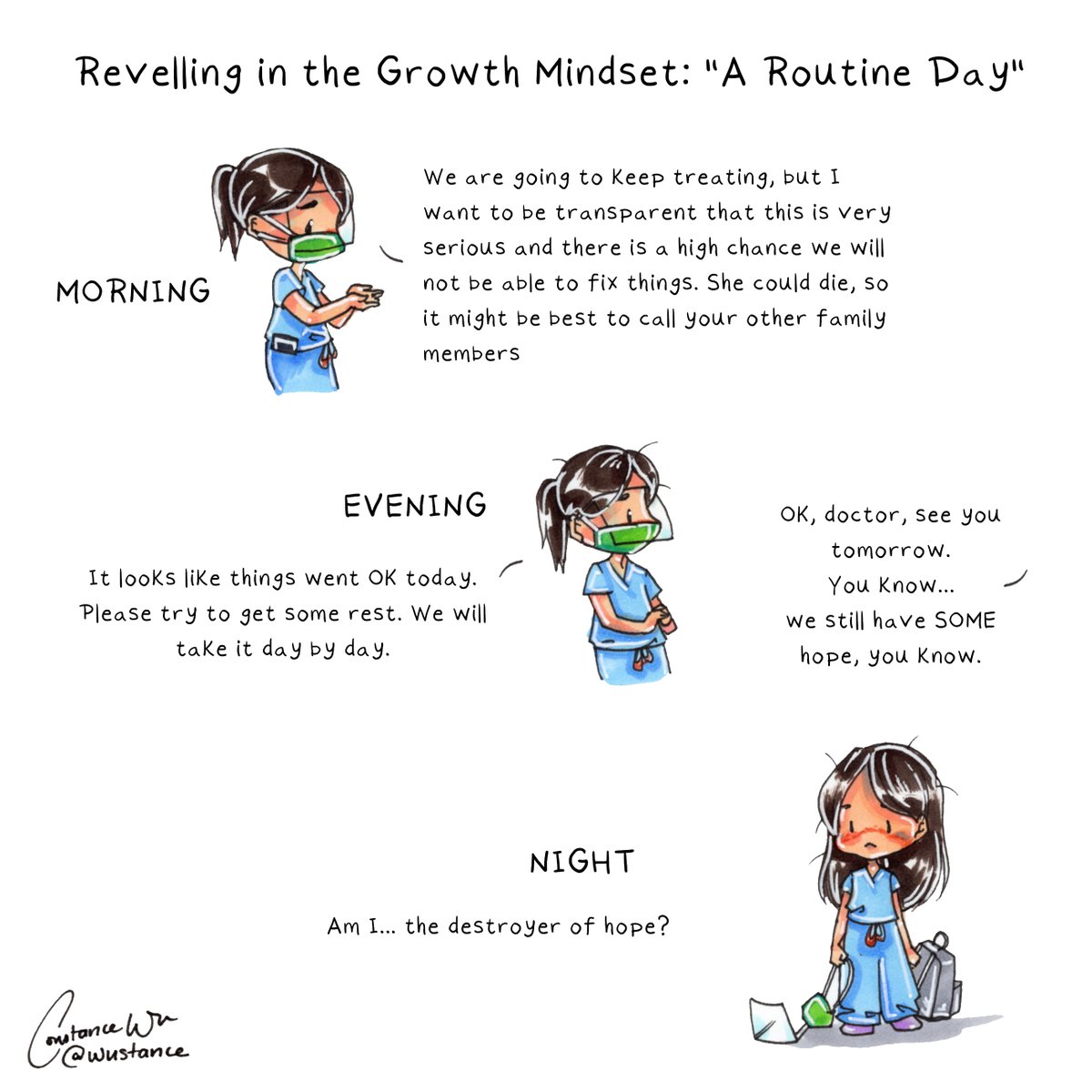 No change. Their eyes lit up, they got up. "Wait!" I blurted. Inside my head: things were still bad, very bad, should I make it clearer? But... I had already warned them; their hope and their loved one were just persevering for one more night. "Get some rest." (Not exact details)