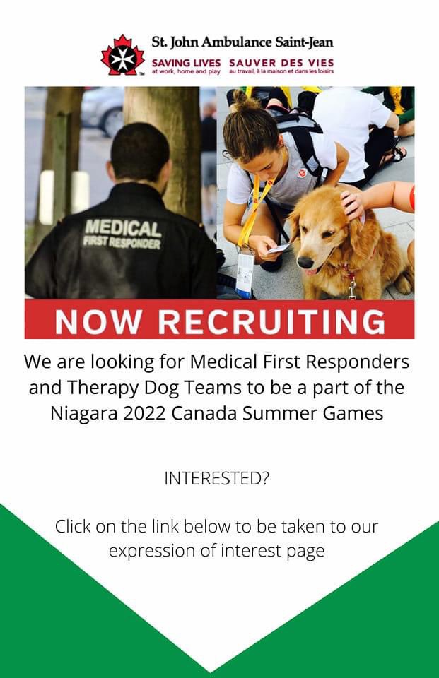 Have you heard? We are going to be apart of the Niagara 2022 Canada Summer Games with St. John Ambulance Ontario 

Do you also want to be apart? Click the link below to put your name in:

Together we are stronger!

#niagara2022 #volunteers #teamsja