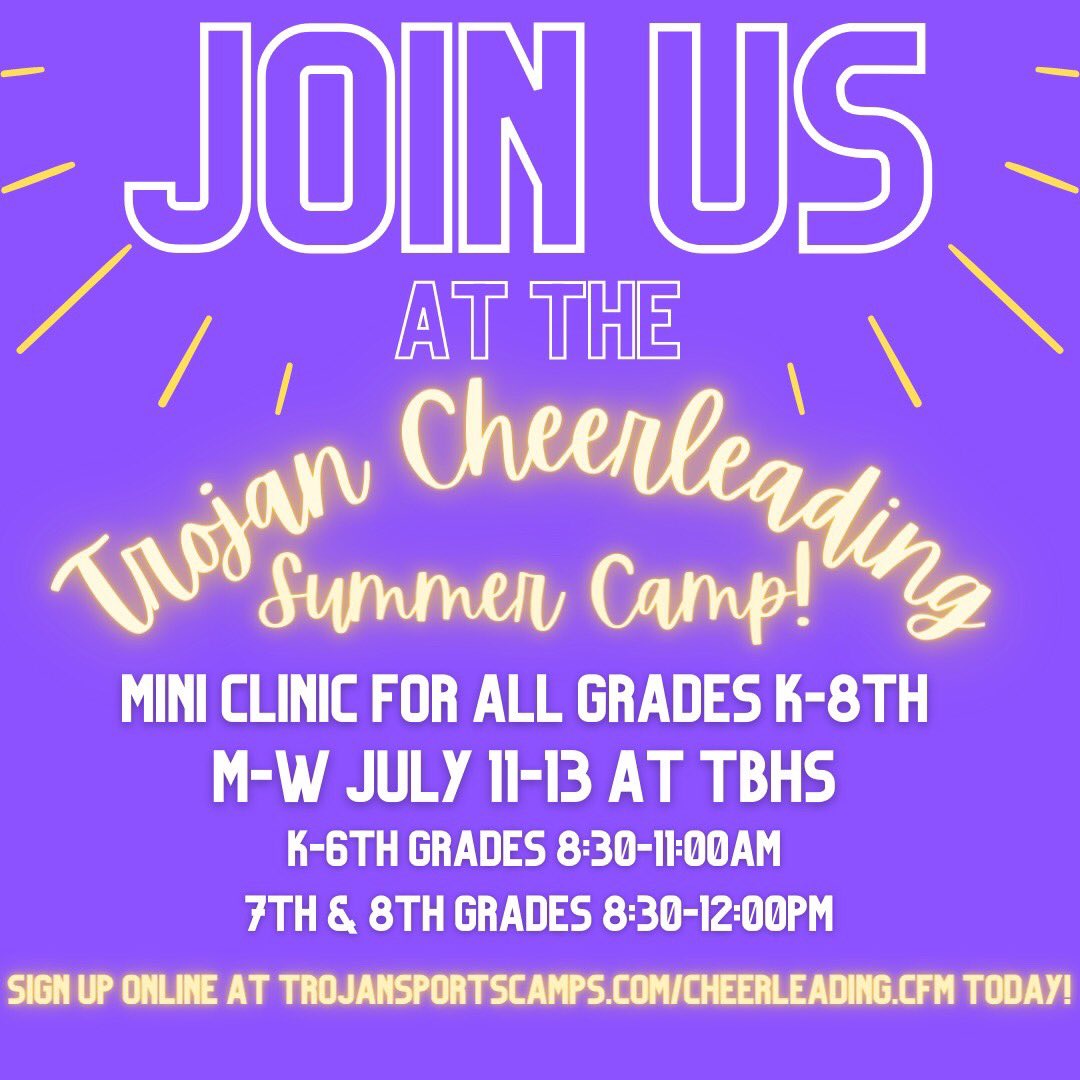 Calling all aspiring cheerleaders!! Our Trojan Cheerleading Mini Camp is July 11-13 for all K-8th graders. Register online today using the link below! We can’t wait to see you all there!💜💛 trojansportscamps.com/cheerleading.c…