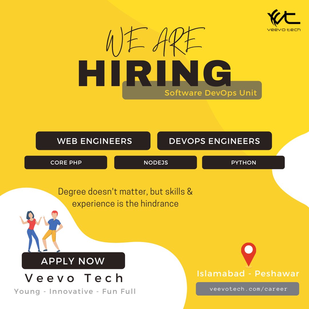 VeevoTech's tweet image. We are expanding our #SoftwareEngineering teams with positions within both #Peshawar &amp;amp; #Islamabad Branches.
Explore available position to unleash your talent, visit veevotech.com/career
#Hiring #Talent #TechIndustry #Pakistan