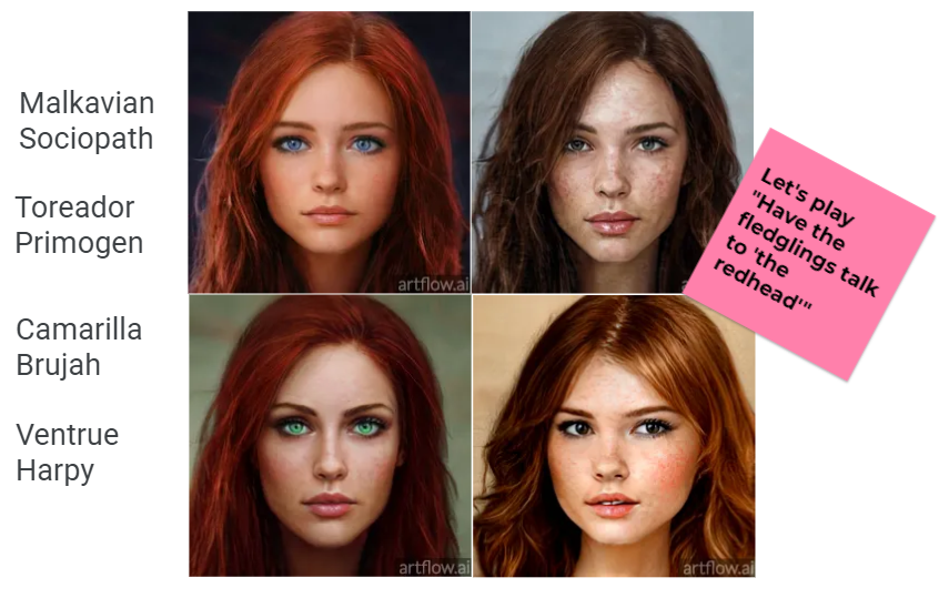 gothfae's tweet photo. Working on my #VtM game. Have a whole fun new game to play. Try to match 'The Redhead' to their role in kindred society.
#vamily #vampirethemasquerade #v5 #picktheredhead https://t.co/z89ZWc1gRX
