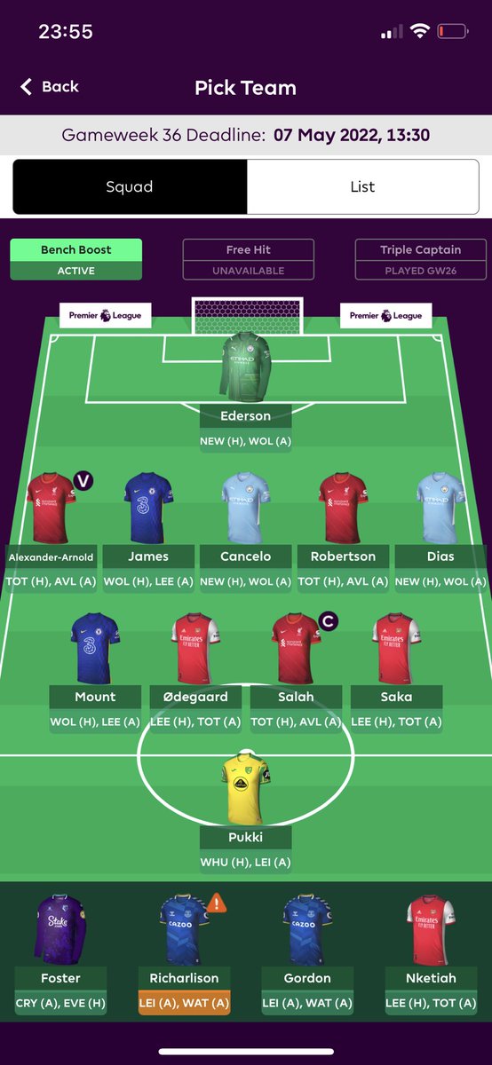 FPLPointsChaser's tweet photo. Here is my #GW36 team.
2FT, Havertz and Dennis to Odegaard and Richarlison. Playing my BB and planning to FH in 37.
OR is 33k after not owning Son last week but maybe if this one goes well I can push for a top 10k finish?
#FPL https://t.co/jgXkCbQS5D