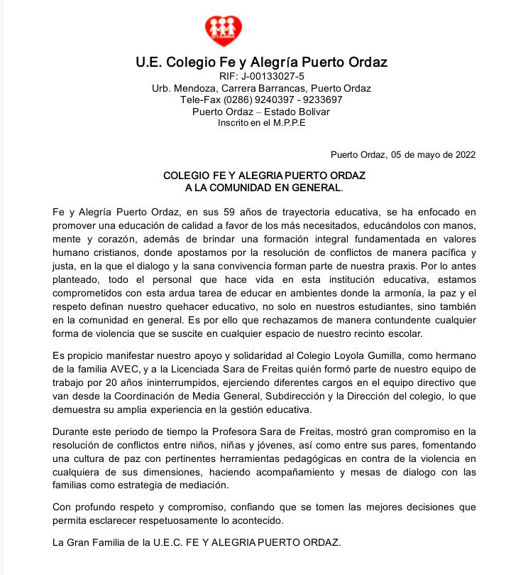 Comunicado emitido por el Colegio Fe y Alegría Puerto Ordaz:

#TodosSomosSara