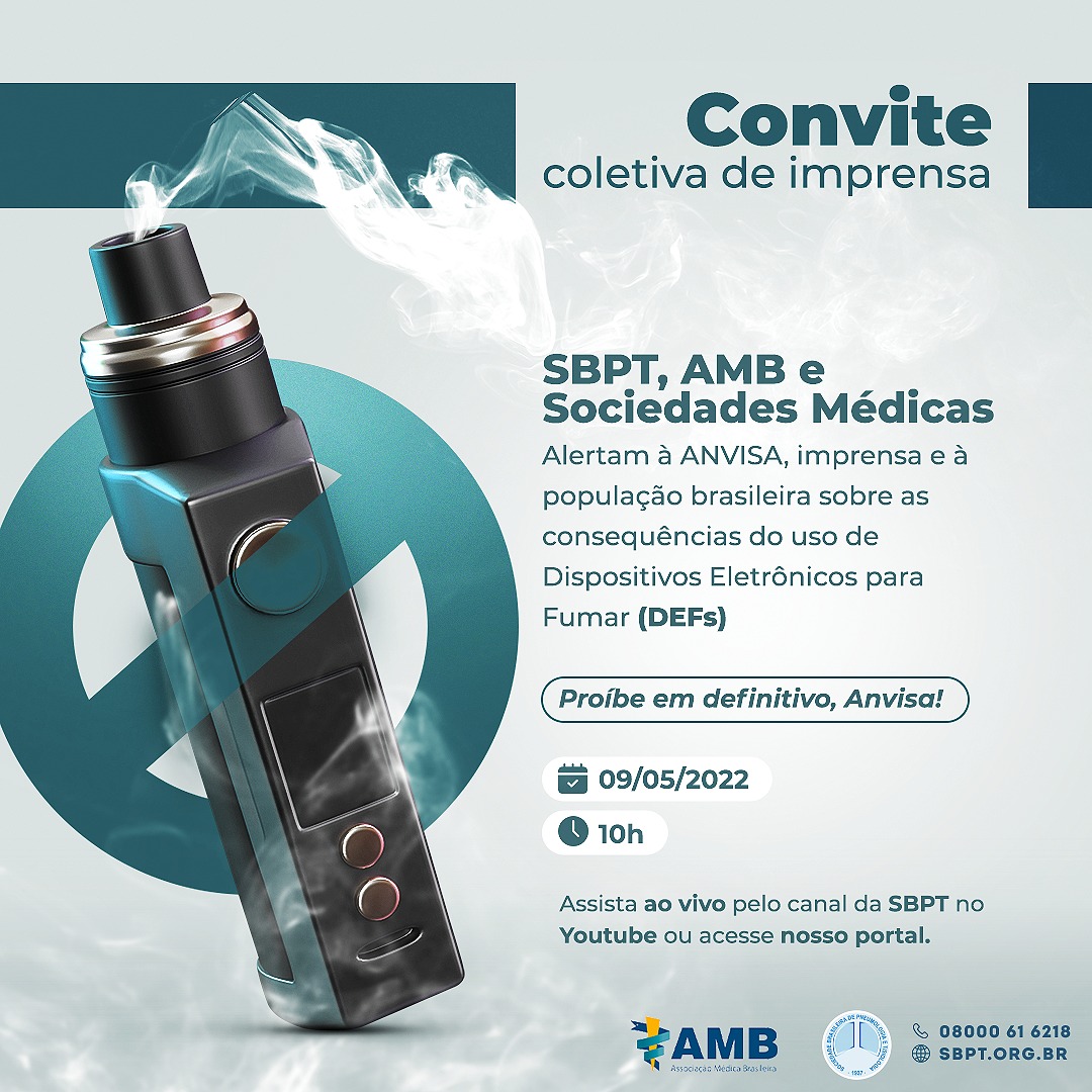 actbr's tweet photo. 📌 DAQUI A POUCO: começa às 10h a coletiva de imprensa da @pneumosbpt, @AMB_oficial e outras sociedades médicas em apoio à proibição dos Dispositivos Eletrônicos para Fumar, que incluem os cigarros eletrônicos e os produtos de tabaco aquecido.

Acompanhem! https://t.co/qLSXRhhq2n