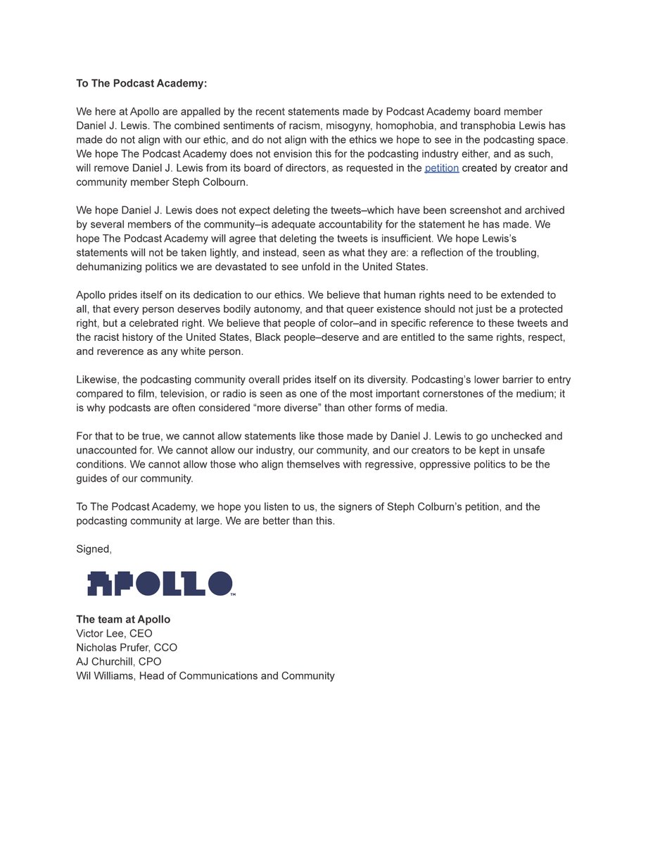 apollopods's tweet photo. A statement from the team here at Apollo to @podcastacademy regarding Daniel J. Lewis. See thread for the full text; the statement is longer that Twitter's alt text will allow. https://t.co/ApKMcmooec