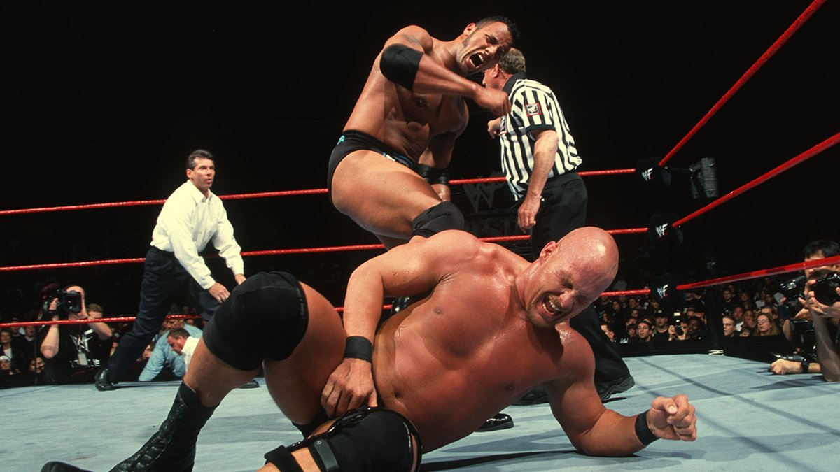 JrGrilling's tweet photo. "They both liked each other. They wanted to work with each other. They were both physical and aggressive."

@TheRock &amp; @steveaustinBSR kick off what would become one of the greatest rivalries of all-time in 1997.

#GrillingJR: THE ROCK 96-97 is ad-free on https://t.co/uzd5DsOY1h https://t.co/GU583omLJI