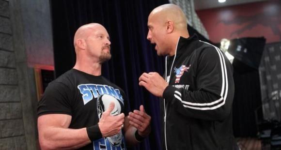 JrGrilling's tweet photo. "They both liked each other. They wanted to work with each other. They were both physical and aggressive."

@TheRock &amp; @steveaustinBSR kick off what would become one of the greatest rivalries of all-time in 1997.

#GrillingJR: THE ROCK 96-97 is ad-free on https://t.co/uzd5DsOY1h https://t.co/GU583omLJI