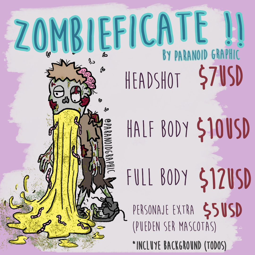 paranoidgraph's tweet photo. ZOMBIEFICATE !!!

Te dibujo como zombie

personaje extra $5 usd ($100 mx pesos)

TODOS INCLUYEN FONDO !!!

TMB PUEDEN SER MASCOTAS, PERRHIJOS y SUEGRAS!!!!

#Zombie #zombiefied
#zombies
#comissionsopen #comissions #opencommisions #illustrationart  #illustration https://t.co/utd6iomRHK