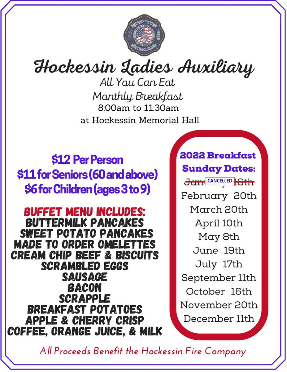 Hockessin Ladies Auxiliary hosts their monthly Breakfast this Sunday from 8am to 11:30am at <a href="/HockssnMemHall/">HockessinMemHall</a>.
