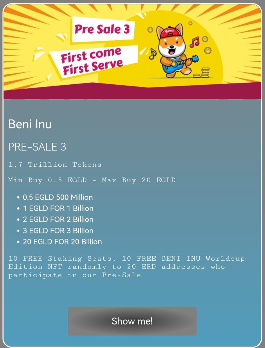 nachonayar's tweet photo. 🔥Don’t miss the the Pre-Sale for First Dog Meme token on #ElrondNetwork

👀Pre-Sale 3 is LIVE
Visit https://t.co/AsH2xXTbc7 to buy your token before it is sold out
1️⃣ Follow: @inu_beni
2️⃣ Join Tg: https://t.co/o8IGls6vF1

#cryptocurrency  #Crypto #ELROND #Metaverse #EGLD #Elrond https://t.co/b4HysWjT4d