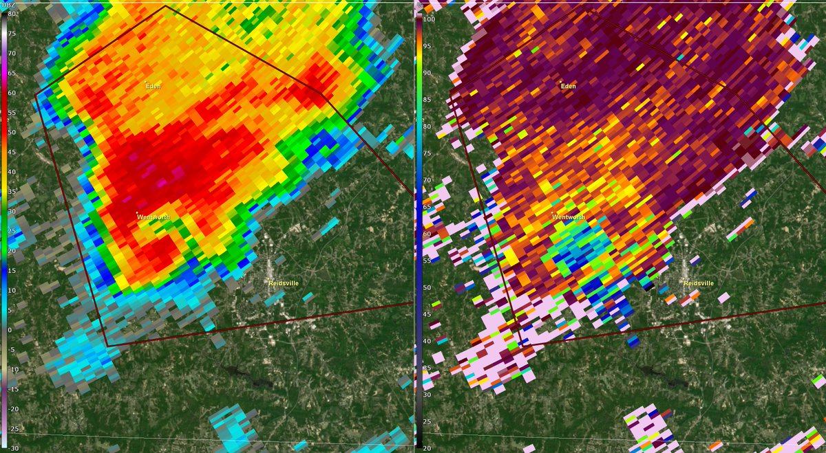 DualDoppler's tweet photo. Vicious tornado in North Carolina nearing Reidsville. Debris ball is so intense that it has a TBSS from the density of debris within. #ncwx https://t.co/J2AnDMYe87