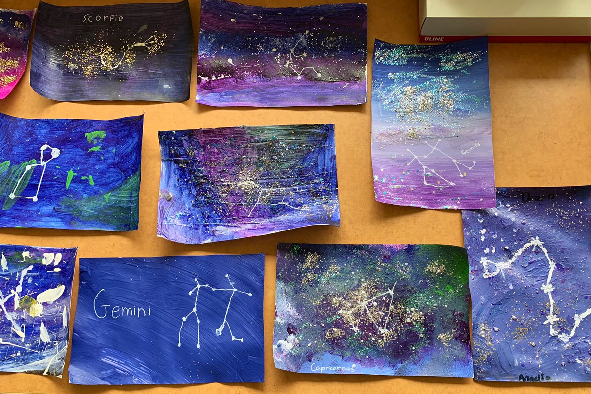 AMollenhauer_'s tweet photo. In UOI this week, students inquired into constellations/star stories from Indigenous cultures. Then they shared constellations and star stories from their own cultures. Finally, they picked their favourite constellation and painted it! #IBPYP https://t.co/3iEDt4hSFL