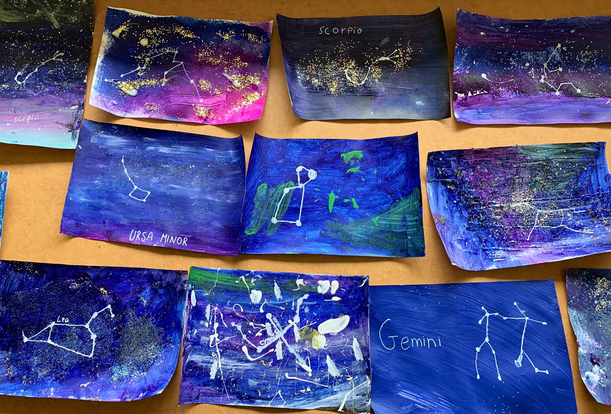 AMollenhauer_'s tweet photo. In UOI this week, students inquired into constellations/star stories from Indigenous cultures. Then they shared constellations and star stories from their own cultures. Finally, they picked their favourite constellation and painted it! #IBPYP https://t.co/3iEDt4hSFL