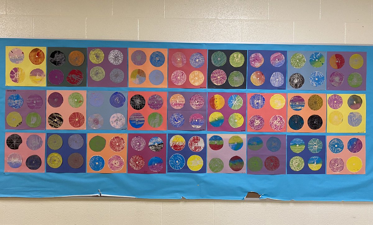 What can you do with your old CDs? Cover them with paint, draw a design with a q-tip then lay some paper over it. Our grade 5s experimented with print making! Z👀m in to see the detail. <a href="/TVAelementary/">Tecumseh Vista Elem</a>