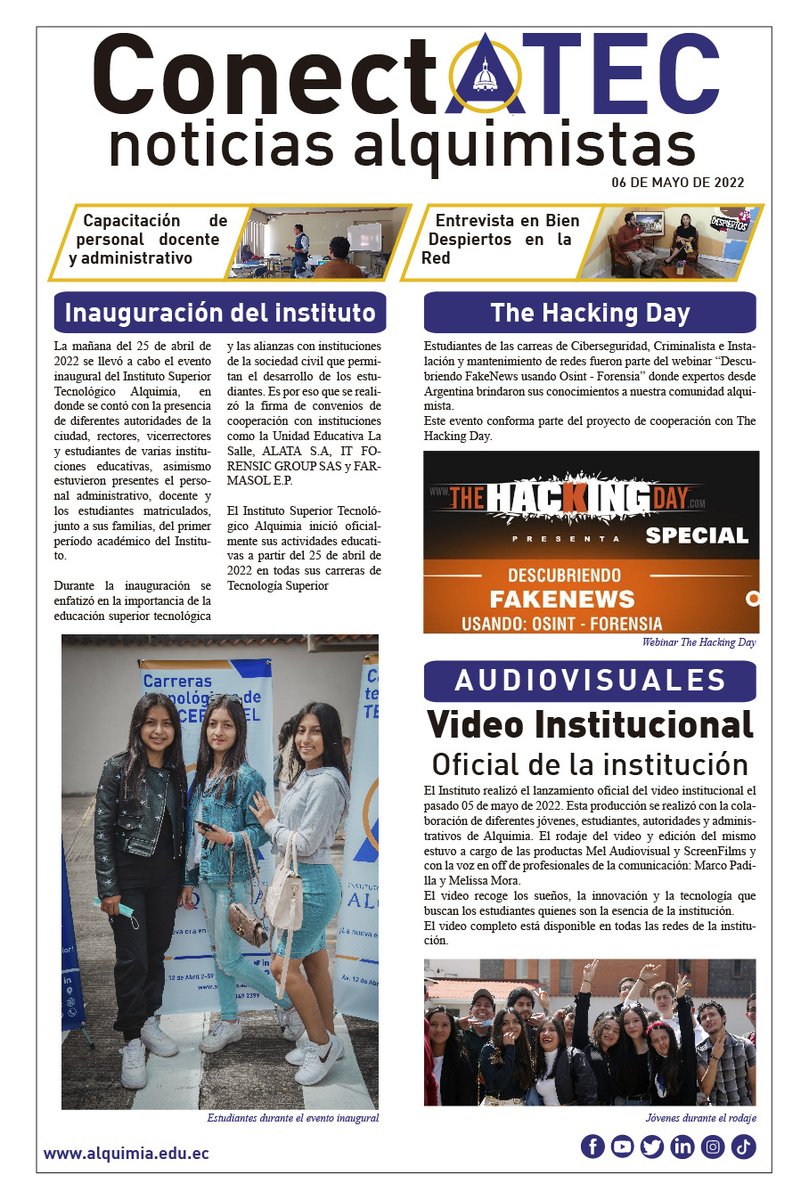 AlquimiaInstit1's tweet photo. 👉 #CONECTAtec con nosotros 😎
📍 Hemos hecho una recopilación de los sucesos más importantes en esta quincena dentro de las instalaciones del Instituto y fuera de ella.
📞 099 149 2399
🏪 Av. 12 de Abril 2-59 y Paucarbamba https://t.co/LGoCcduMxW