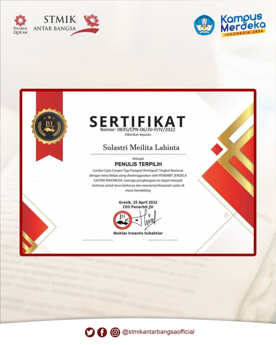 antar_bangsa's tweet photo. Semoga penghargaan ini dapat menjadi motivasi bagi mahasiswa STMIK Antar Bangsa untuk terus berkarya dan mewarnai khazanah sastra di masa mendatang.
➖➖➖➖➖➖➖➖➖➖➖➖
#STMIKantarbangsa
#kampusITnyadaarulquran
#daarulquran
#novel #menulis #cerpen #lombacerpen https://t.co/NJfUp1qHPA