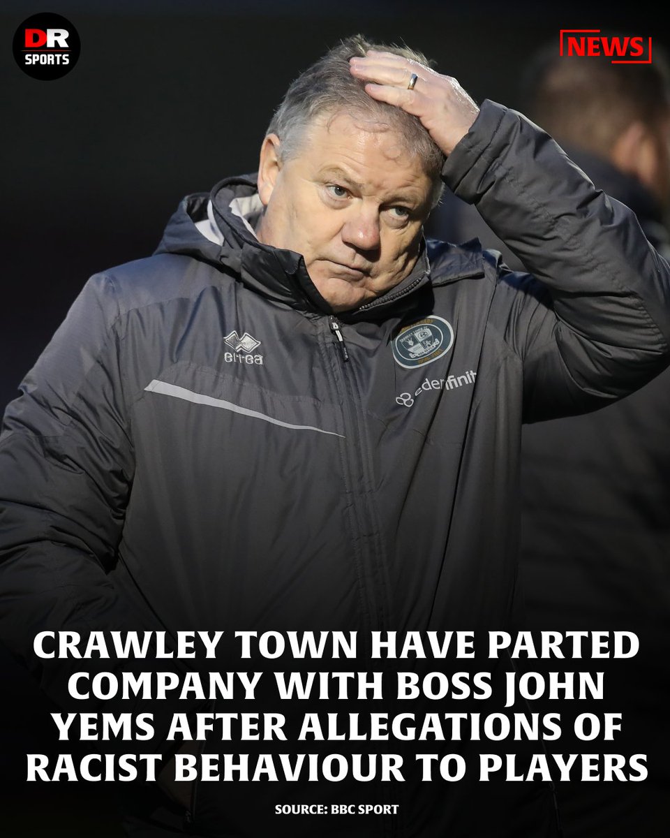 drsportsmedia's tweet photo. Crawley Town have sacked John Yems after players came forward with 'serious and credible' allegations. ❌
One of the accusations included racial segregation in the changing rooms! 😔
#Yems | #CrawleyTown | #KickItOut https://t.co/LzENTZtI66