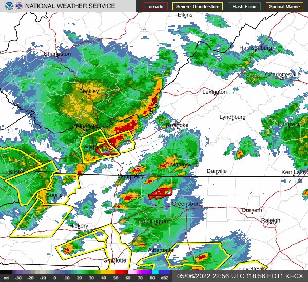 NWSBlacksburg's tweet photo. 7:55pm-Numerous warnings in effect including a confirmed #tornado down near Wentworth, NC. Multiple #severe t-storm warnings all across the Roanoke &amp; #New River Valley. Activity sliding into the #Piedmont. All hazards likley as storms continue through 10pm. #vawx #ncwx #wvwx https://t.co/s3dfRYuGui