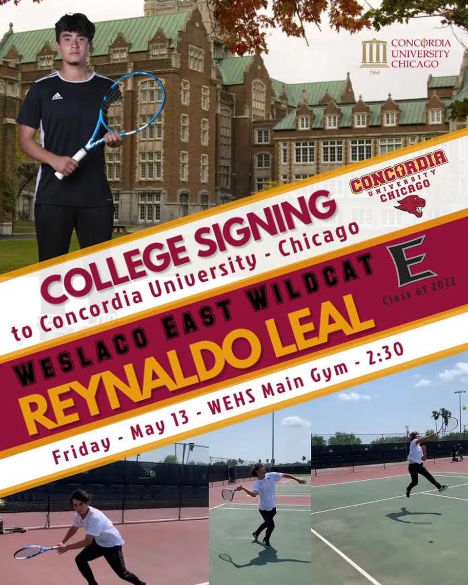 Join us for three college signings next Friday, May 13th honoring Armando Santos (Football), Reynaldo Leal (Tennis), and Noe Castillo (Powerlifting).