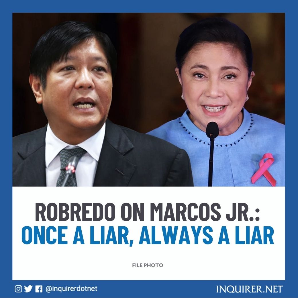 inquirerdotnet's tweet photo. 'ANG SINUNGALING SA SIMULA, SINUNGALING HANGGANG DULO' 

This was what VP Leni Robredo had to say after Bongbong Marcos Jr. revived a lie that he was cheated in the 2016 vice presidential race even though the Supreme Court ruled otherwise.

READ: https://t.co/Qxqm25Xh6J https://t.co/qc9GoufRfs