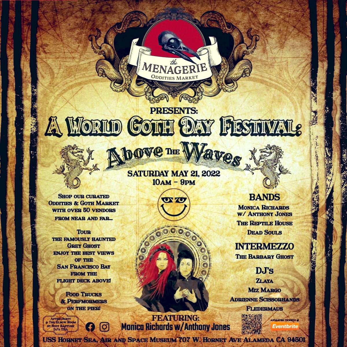 WORLD GOTH DAY FESTIVAL May 21st Alameda, CA Immerse yourself in gothic subculture: art fashion people music 

BUY🎟themenagerieodditiesmarket.com 

#worldgothday #goth #sfgoth #usshornetmuseum