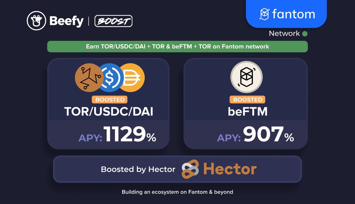 Woah! Glad to see this partnership between <a href="/beefyfinance/">Beefy</a> &amp; <a href="/HectorDAO_HEC/">new account @hector_network</a> 🤯 

Boost of $beFTM Vault, and Curve Stable $TOR, $USDC, $DAI vault with $TOR starts now on #FANTOM 👀. Crazy APYs and this is just a beginning! 🔥🚀 

🌐 hector.finance

$HEC $TOR #NFTs