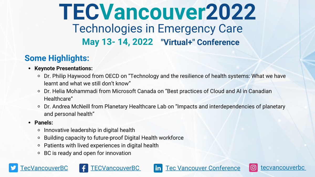 Register now! At #TEC Vancouver (May 13-14, 2022), we solve real life challenges in primary and #emergency #health services, stimulating co-creation of health #technology #innovations from design to implementation and commercialization. Register: bitly.ws/q9Cy #tecvan22