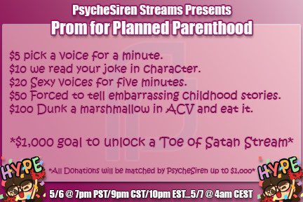 Psyche_Siren's tweet image. In roughly two hours we will be raising money for @PPFA ! Our initial goal is $300, with all donations matched up to $1,000!

We will be streaming Monster Prom 2, with donations impacting the stream and our cast. Please join us tonight over at twitch.tv/psychesiren ❤️