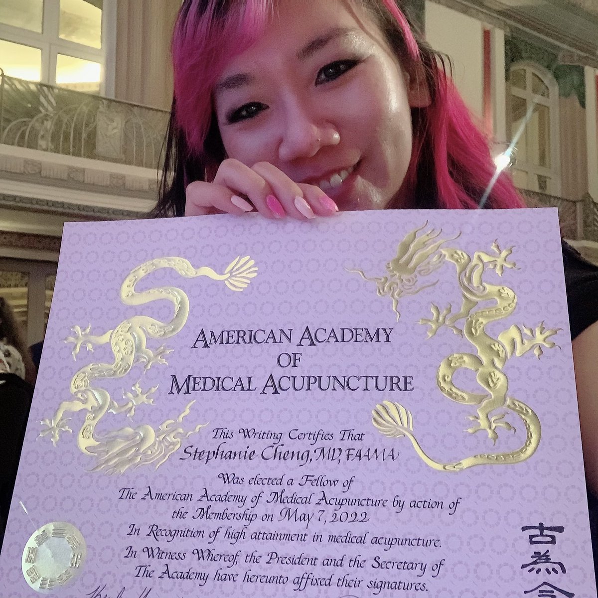 StephChengMD's tweet photo. Guess who got inducted as a Fellow of the American Academy of Medical Acupuncture? This Girl! #FAAMA #AlphabetSoup #PostNominalLetters @HSSAnesthesia @HSpecialSurgery @AAMAcupuncture https://t.co/PFaErZ4UlN